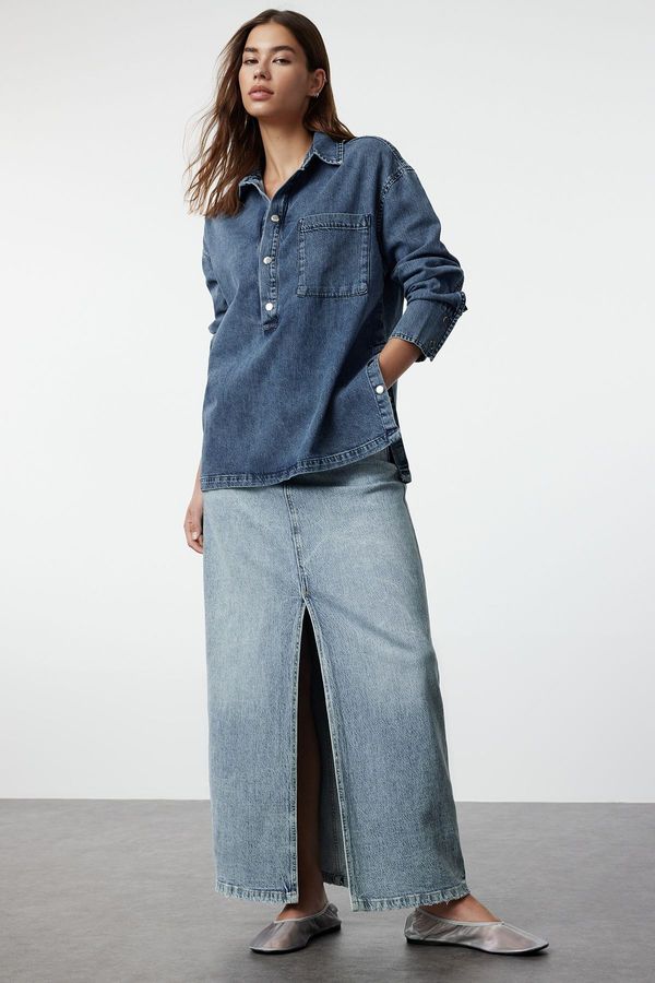 Trendyol Trendyol Blue Accessory Detailed Oversize Denim Shirt