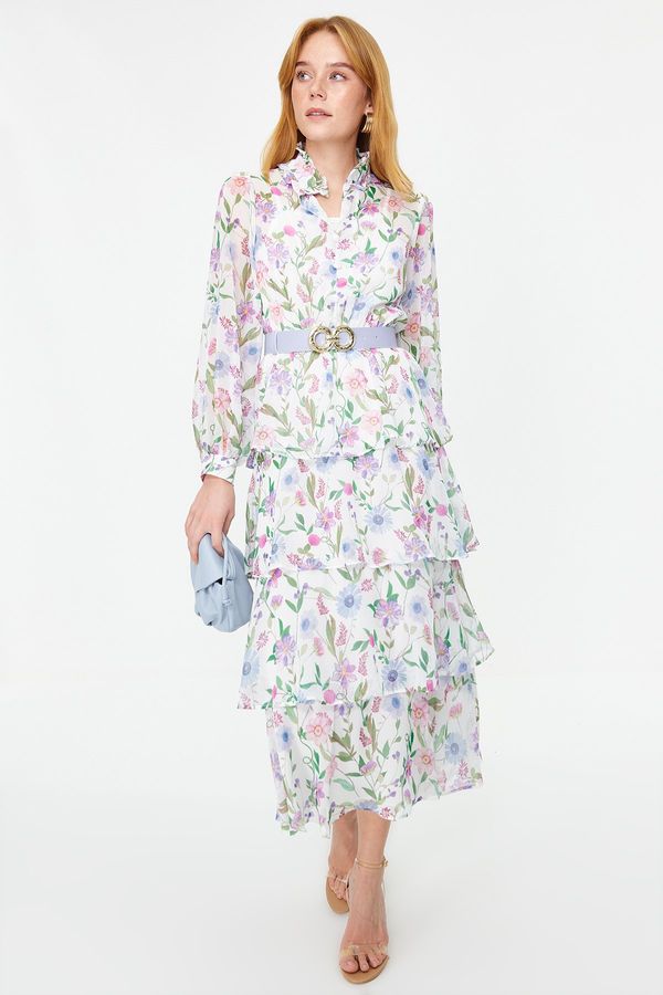 Trendyol Trendyol Blue Belt Lined Chiffon Floral Woven Dress