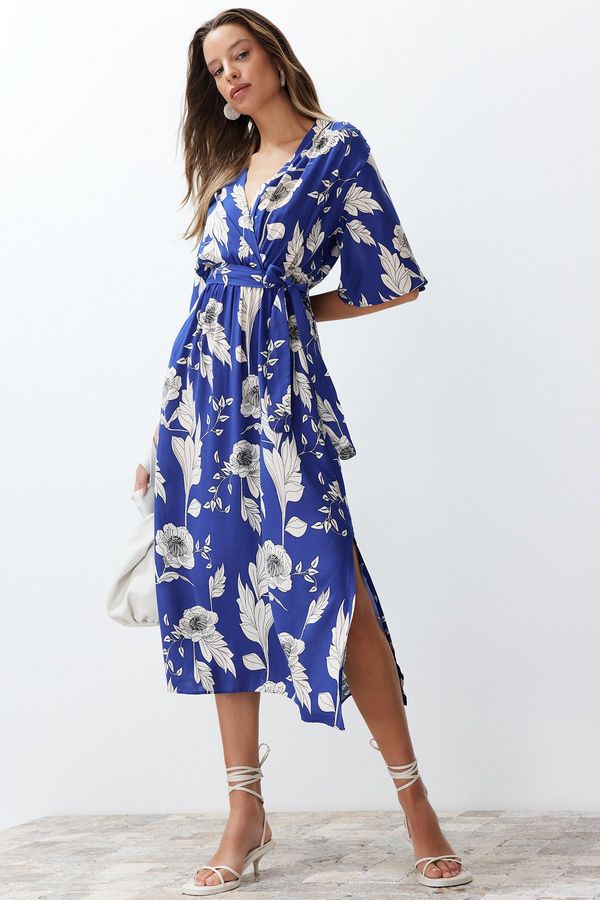 Trendyol Trendyol Blue Belted Floral Print A-line Double-breasted Collar Midi Woven Dress