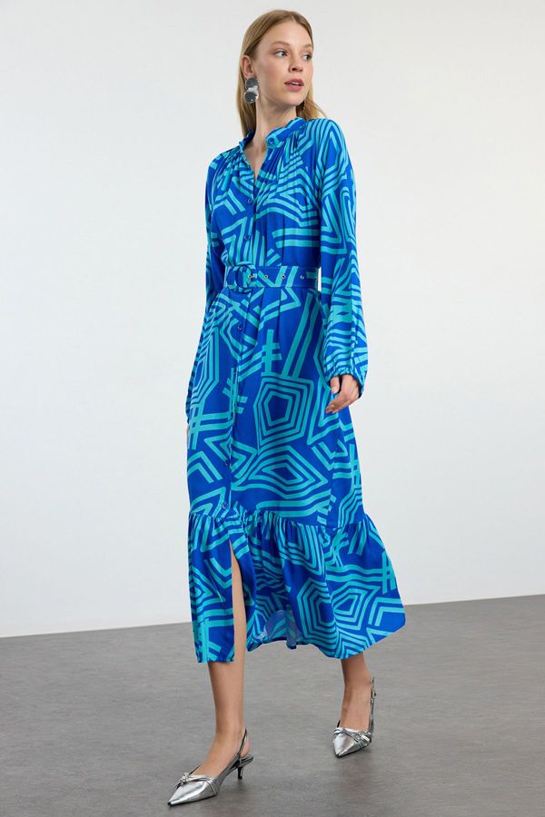 Trendyol Trendyol Blue Belted Geometric Patterned Judge Collar Midi Woven Shirt Dress