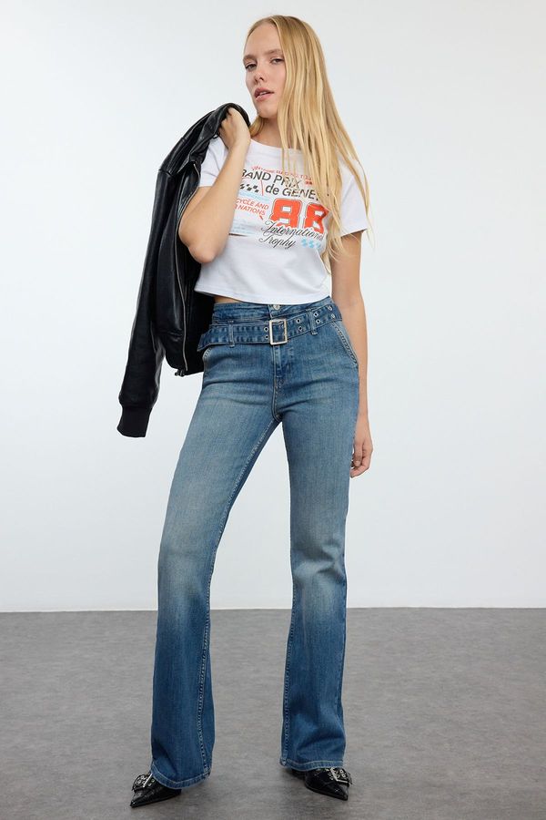 Trendyol Trendyol Blue Belted High Waist Flare Jeans