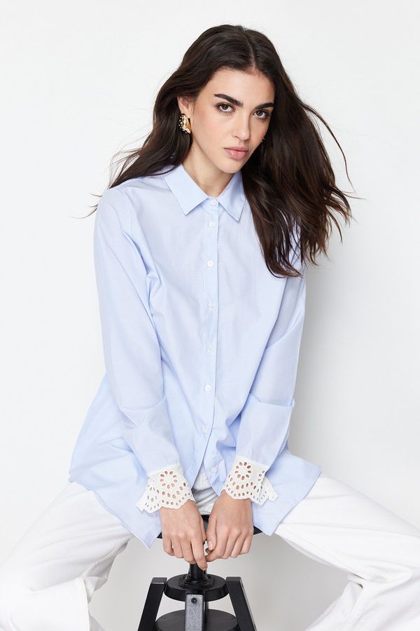 Trendyol Trendyol Blue Brode Detail Cotton Blended Woven Shirt