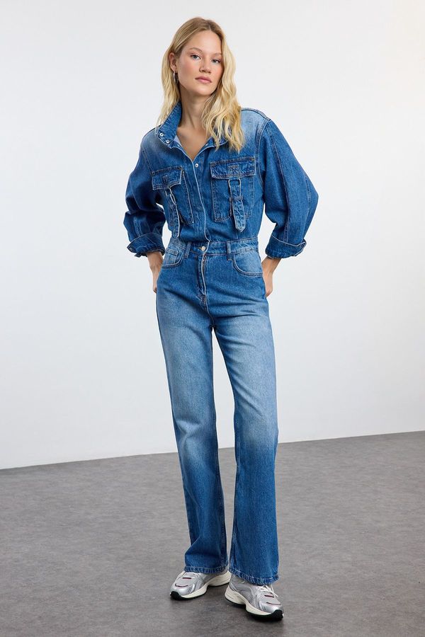 Trendyol Trendyol Blue Cargo Pocket Denim Overalls