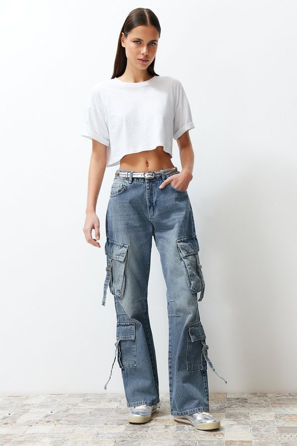 Trendyol Trendyol Blue Cargo Pocket High Waist Skater Jeans