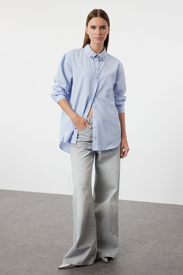 Trendyol Trendyol Blue Collar Stone Detailed Oversize Wide Fit Woven Shirt