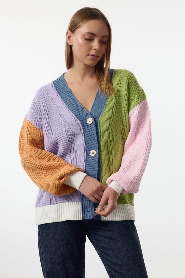 Trendyol Trendyol Blue Color Block Hair Knitted Sweater Cardigan