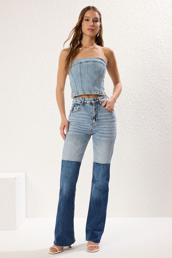 Trendyol Trendyol Blue Color Block High Waist Flare Jeans