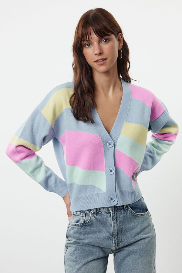 Trendyol Trendyol Blue Color Block Knit Cardigan