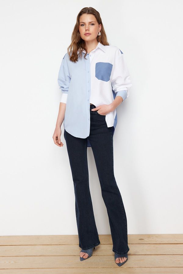Trendyol Trendyol Blue Color Block Oversize Wide Fit Woven Shirt