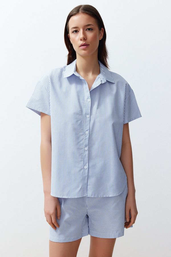 Trendyol Trendyol Blue Cotton Striped Woven Pajamas Set