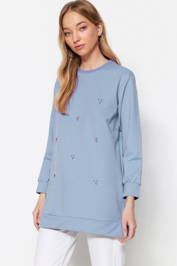 Trendyol Trendyol Blue Crew Neck Stone Detailed Knitted Tunic