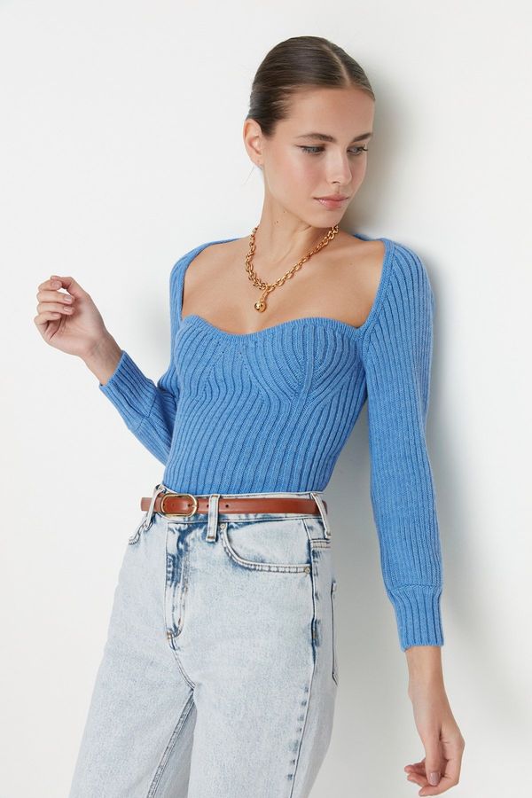 Trendyol Trendyol Blue Crop pulover za pletenine za srčne ovratnike