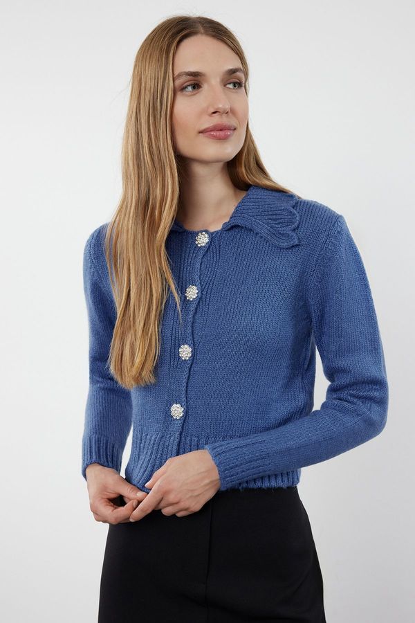 Trendyol Trendyol Blue Crop Soft Textured Jewel Buttoned Knitwear Cardigan