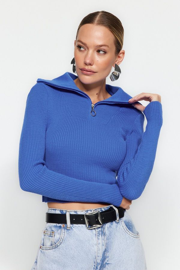 Trendyol Trendyol Blue Crop Zipper Podroben pulover za pletenine