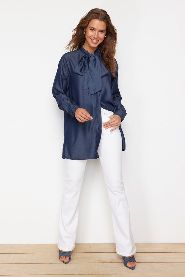 Trendyol Trendyol Blue Denim Modest Oversize Shirt with Tie Detail