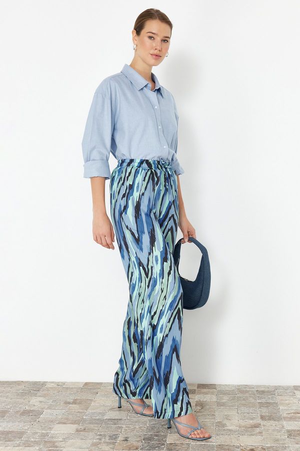 Trendyol Trendyol Blue Elastic Waist Wide Leg/Wide Leg Patterned Woven Trousers