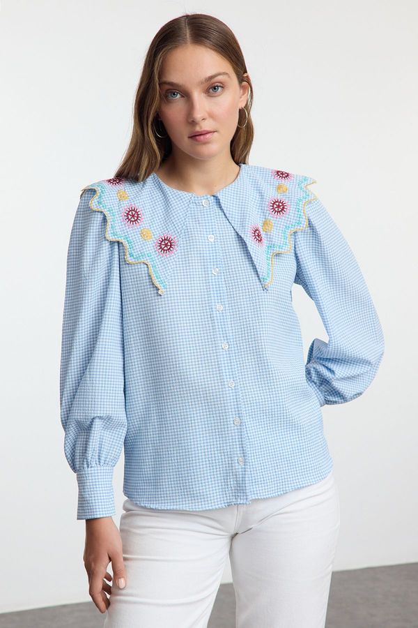 Trendyol Trendyol Blue Embroidery Detailed Balloon Sleeve Woven Shirt