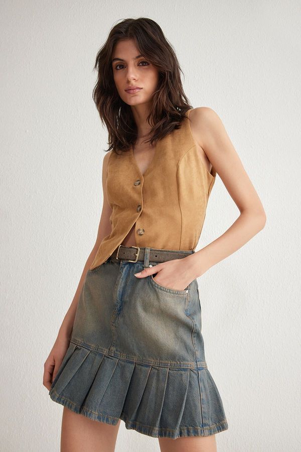 Trendyol Trendyol Blue Faded Effect Vintage Pleated Mini Denim Skater Skirt