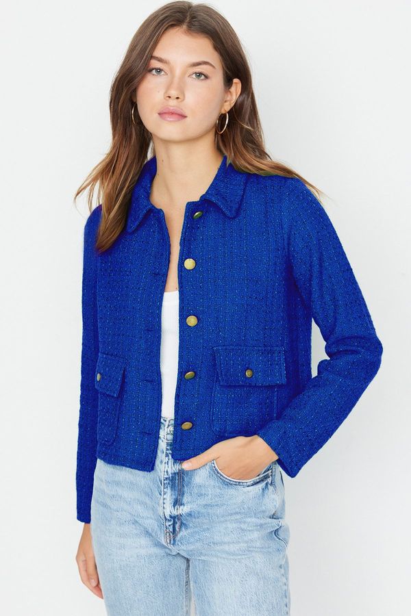 Trendyol Trendyol Blue Fitted Pocket Detail Plaid Crop Woven Jacket