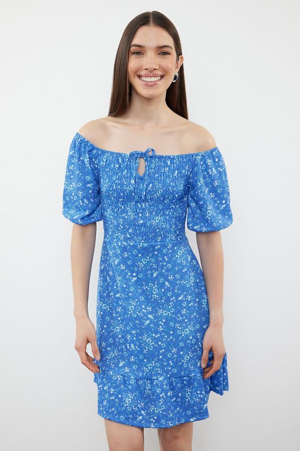 Trendyol Trendyol Blue Floral Midi Dress with Tie Detail and Elastic Waist Opening Knitted Dress