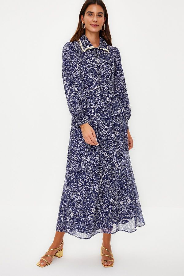 Trendyol Trendyol Blue Floral Neck Detailed Lined Chiffon Woven Dress