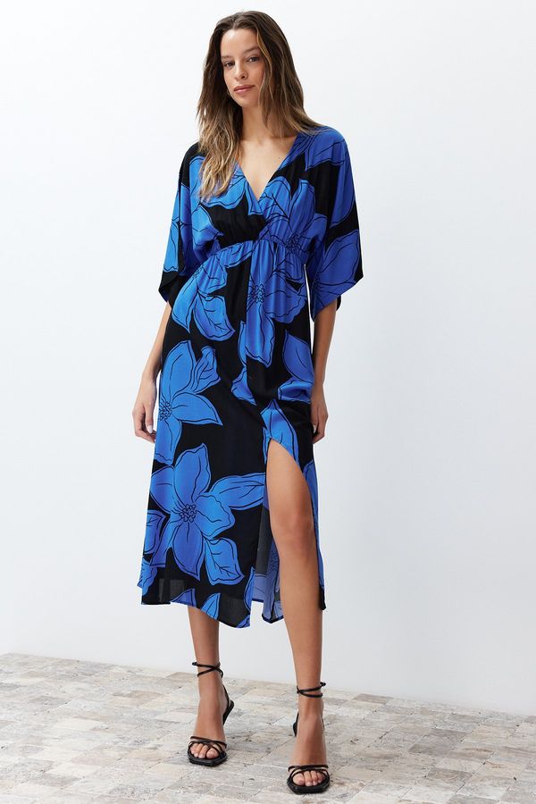 Trendyol Trendyol Blue Floral Pattern A-Line Double Breasted Neck Midi Woven Midi Woven Midi Dress