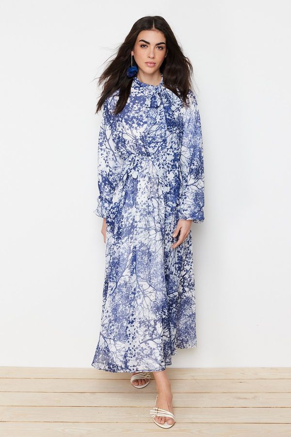 Trendyol Trendyol Blue Floral Pattern Lined Long Chiffon Evening Dress