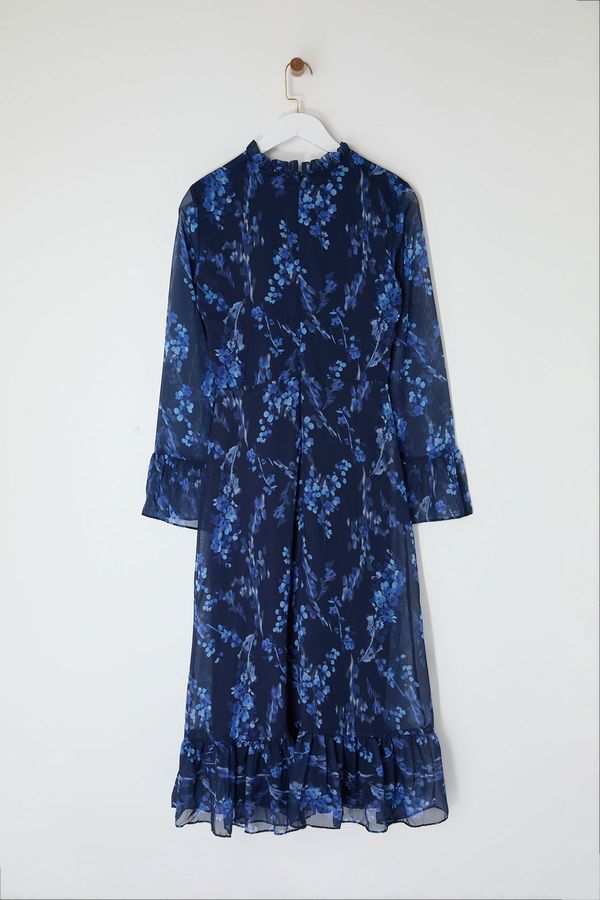 Trendyol Trendyol Blue Floral Patterned A-Line Stand Collar Midi Lined Chiffon Woven Winter Dress