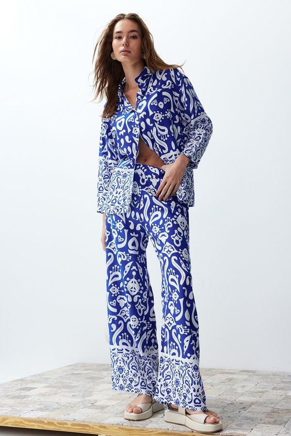 Trendyol Trendyol Blue Floral Patterned Shirt Woven Top-Top Set