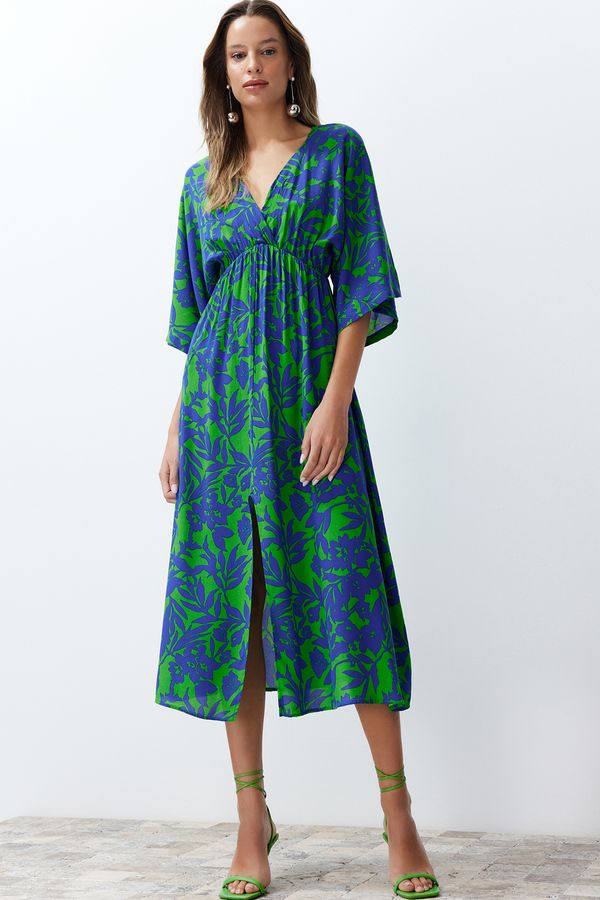 Trendyol Trendyol Blue Floral Print A-line Double-breasted Collar Midi Woven Dress