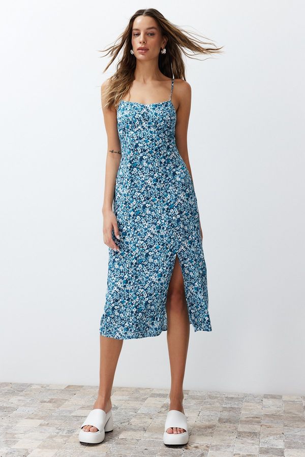 Trendyol Trendyol Blue Floral Print Straight Cut Back Detailed Woven Dress