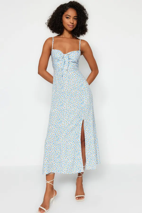 Trendyol Trendyol Blue Floral Print Straight Cut Tie Detailed Strappy Woven Dress