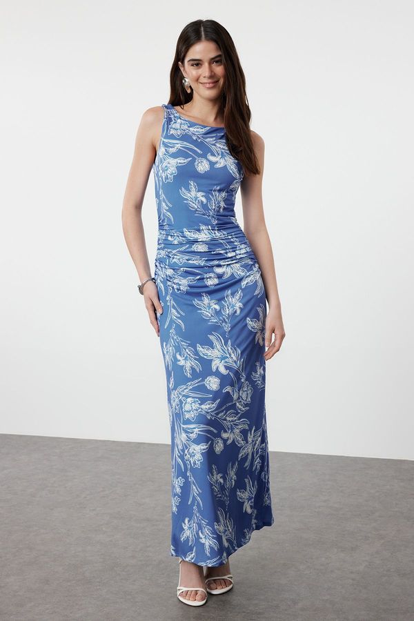 Trendyol Trendyol Blue Floral Printed Shiny Surface Boat Kaya Fitted Flexible Knitted Pencil Dress