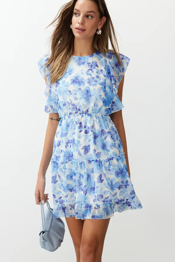 Trendyol Trendyol Blue Floral Waist Opening Ruffle Mini Woven Dress