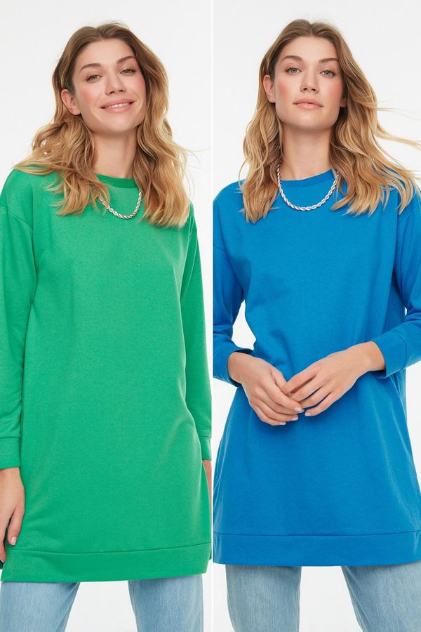 Trendyol Trendyol Blue-Green 2-Pack Crew Neck Basic Knitted Sweatshirt