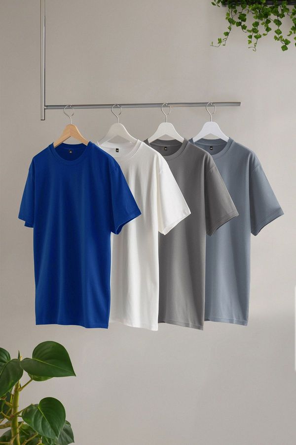 Trendyol Trendyol Blue-Grey-Mink-Ecru Slim/Slim Cut 4-Piece Basic 100% Cotton T-Shirt