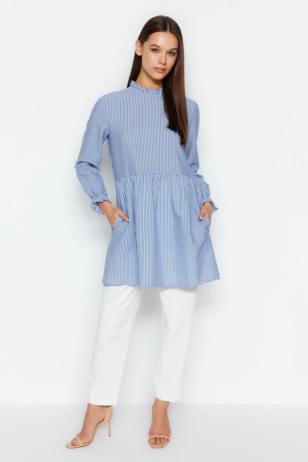 Trendyol Trendyol Blue High Collar Gather Detailed Tunic