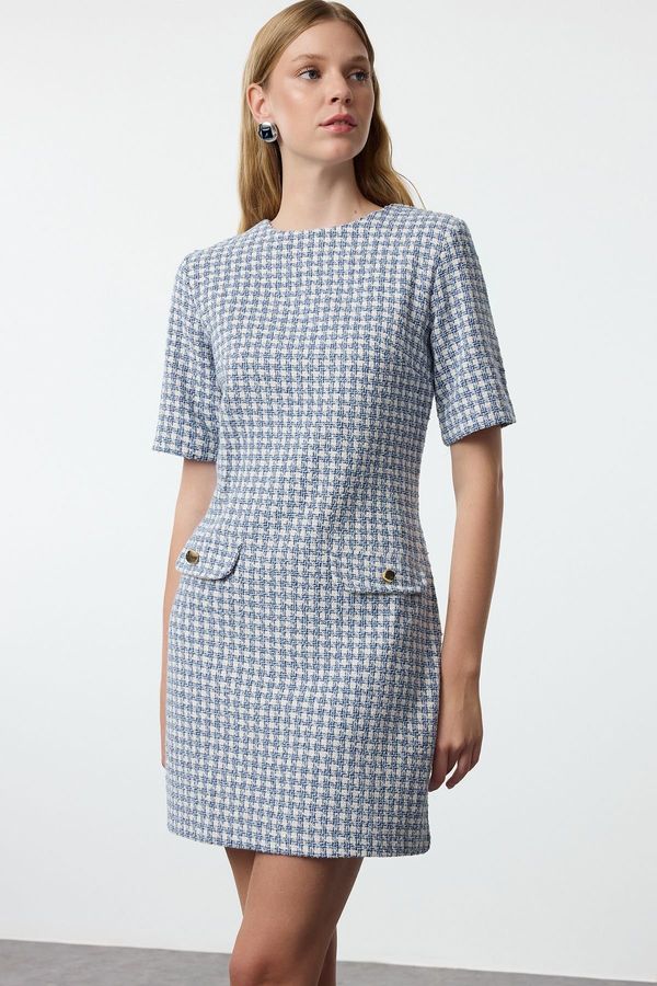 Trendyol Trendyol Blue Houndstooth Straight Cut Button Detailed Tweed Woven Dress