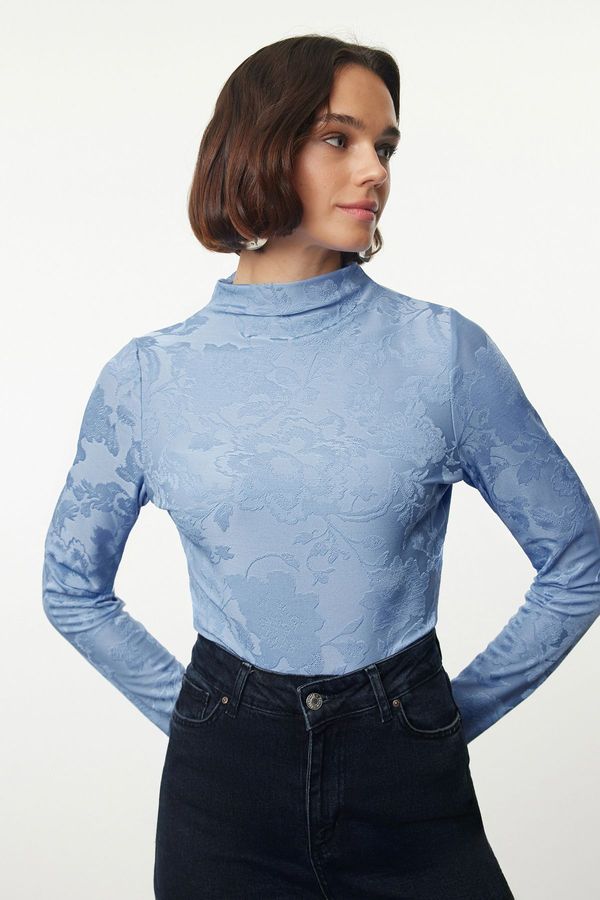 Trendyol Trendyol Blue Jacquard Fitted Stretch Knitted Blouse