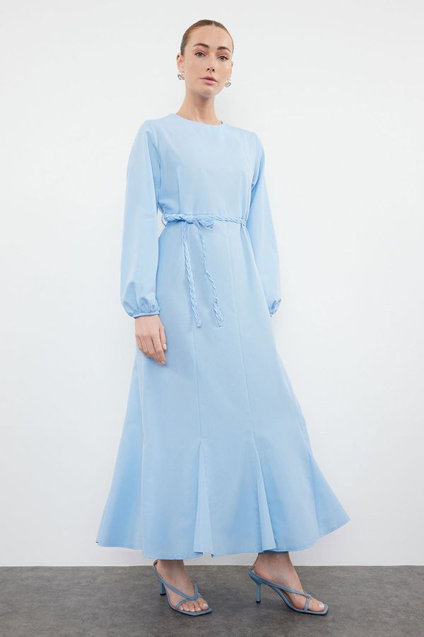 Trendyol Trendyol Blue Knitted Belted Woven Cotton Dress