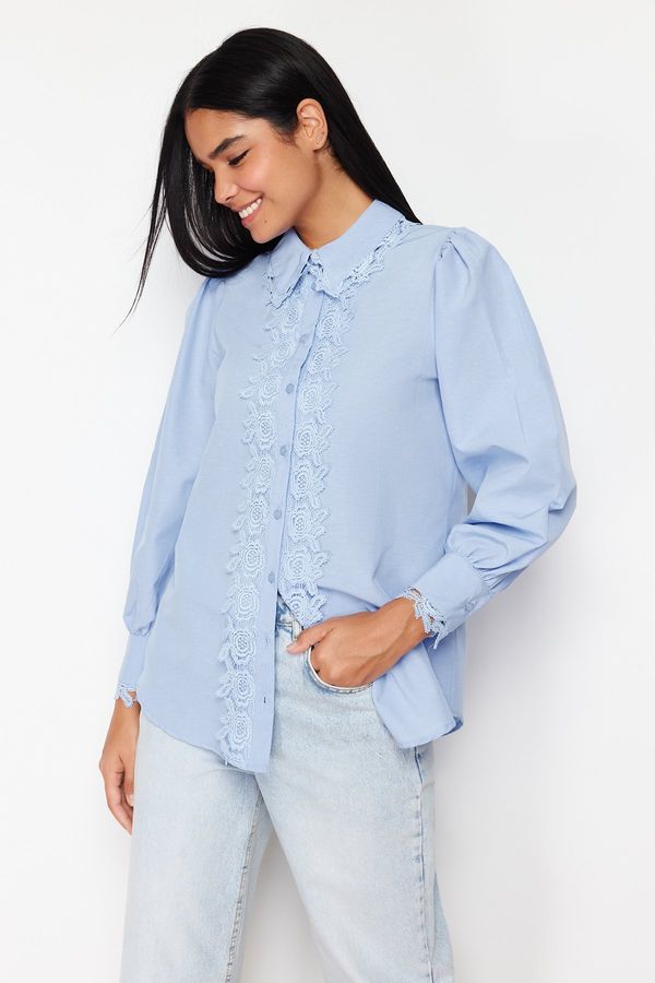 Trendyol Trendyol Blue Lace Embroidery Detailed Cotton Woven Shirt