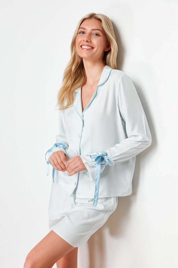 Trendyol Trendyol Blue Lacing and Piping Detailed Viscose Woven Pajamas Set