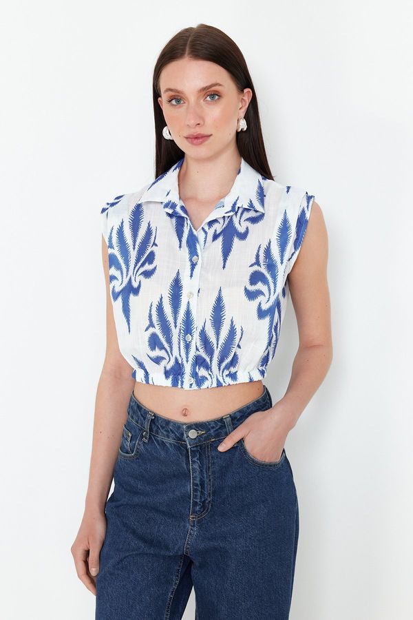 Trendyol Trendyol Blue Linen Look Viscose Fabric Sleeveless Woven Shirt with Elastic Hem