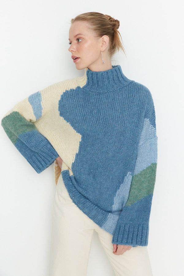 Trendyol Trendyol Blue mehak teksturiran pulover za pletenine iz barvnih blokov