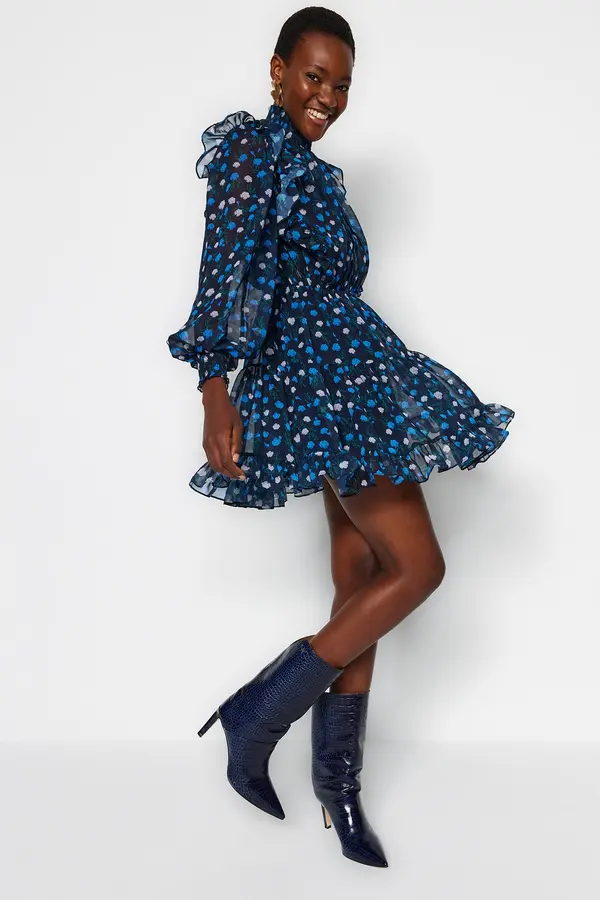 Trendyol Trendyol Blue Mini podložena tkana tkana obleka