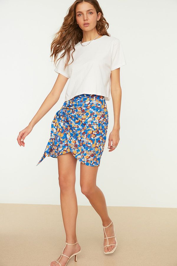 Trendyol Trendyol Blue Mini Weave Tie Detailed Double Breasted Floral Print Skirt