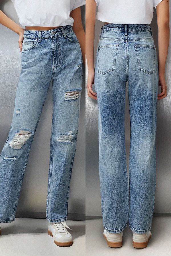 Trendyol Trendyol Blue More Sustainable Ripped High Waist Straight Jeans