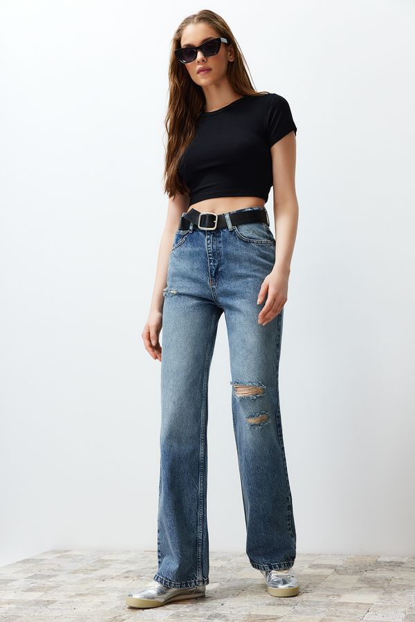 Trendyol Trendyol Blue More Sustainable Ripped High Waist Wide Leg Jeans