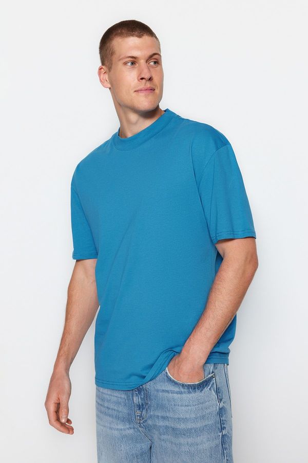 Trendyol Trendyol Blue Moška sproščena/udobna kroj, stoječa ovratnica 100% bombažna majica s kratkimi rokavi