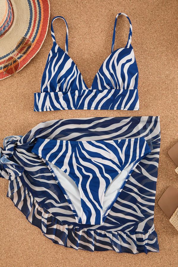 Trendyol Trendyol Blue-Multi Colorful Geometric Diver/Scuba Strappy Bikini Above